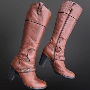 Y2K Fabianelli Brown Knee High Boots Italian Leather Heels Size 37 US 6.5